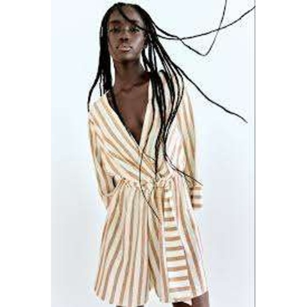 Zara Women Tan White Striped Linen Romper XS Minimalist Nautical Casual Beach